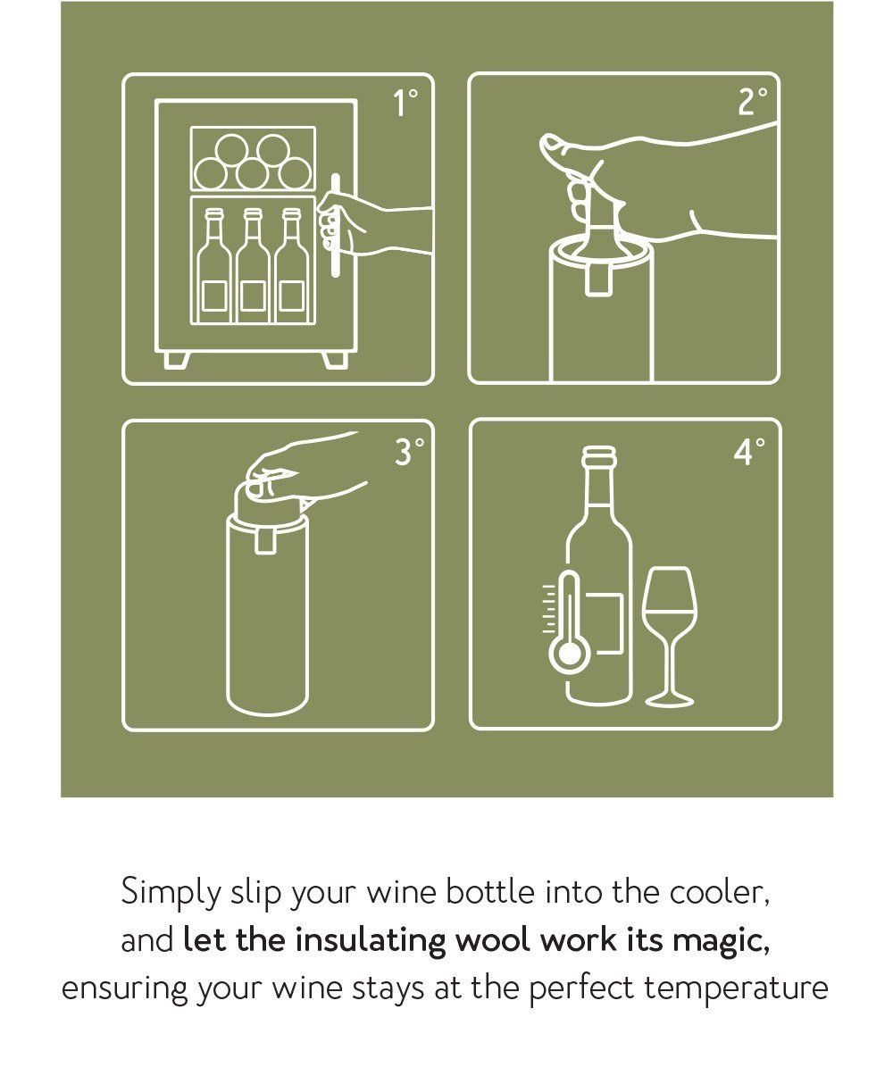  Simply slip your wine bottle into the cooler, and let the insulating wool work its magic, ensuring your wine stays at the perfect temperature wherever you are.