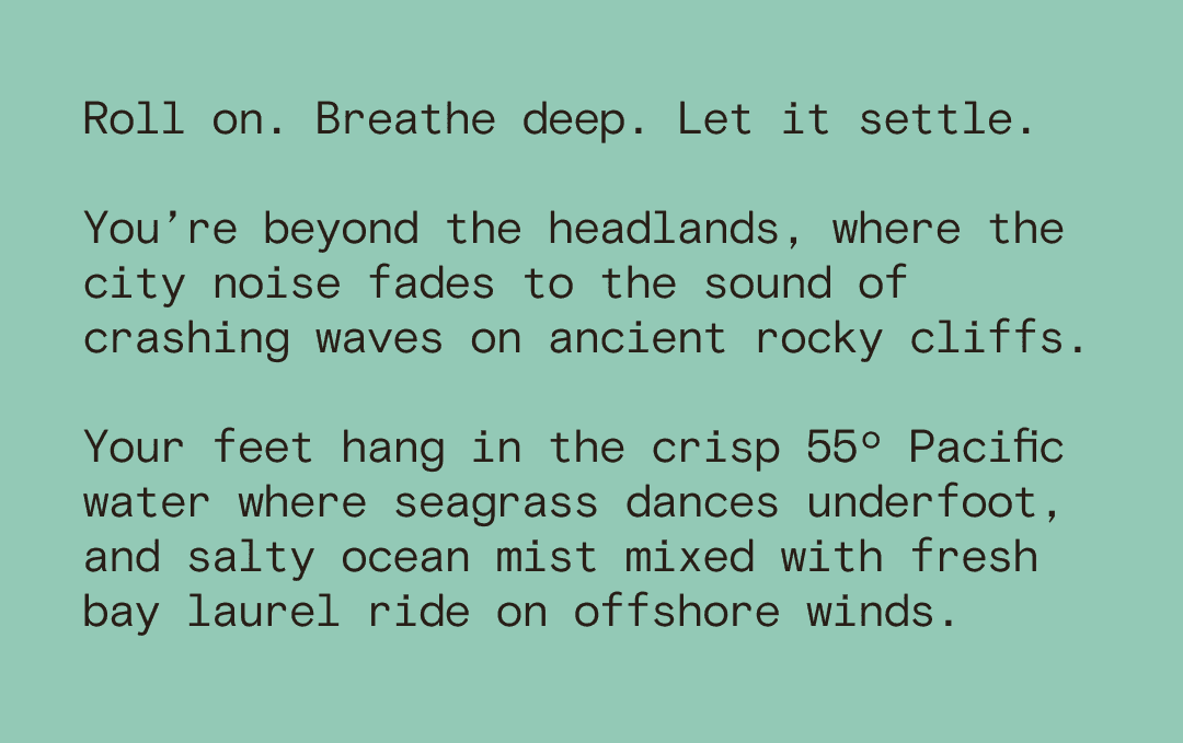 Roll on. Breathe deep. Let it settle. You’re beyond the headlands, where the city noise fades to the sound of crashing waves on ancient rocky cliffs. Your feet hang in the crisp 55º Pacific water where seagrass dances underfoot, and salty ocean mist mixed with fresh bay laurel ride on offshore winds.