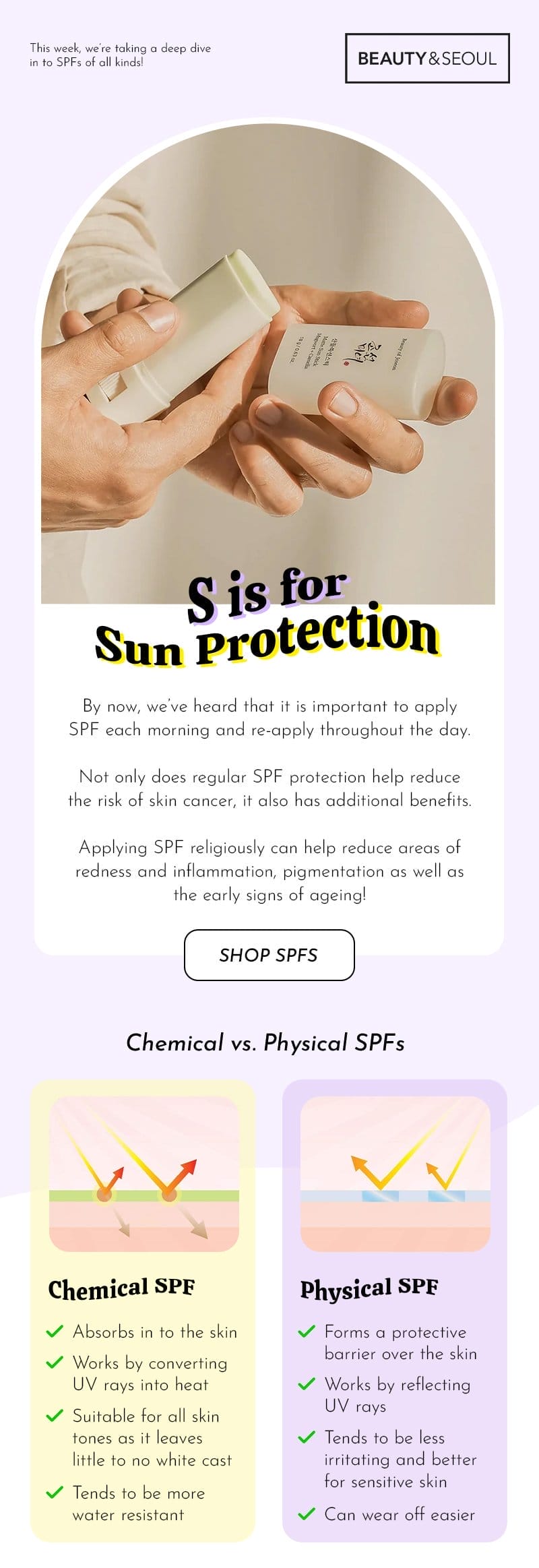 This week, we’re taking a deep dive in to SPFs! Why is SPF important? By now, we’ve heard that it is important to apply SPF each morning and re-apply throughout the day. Not only does regular SPF protection help reduce the risk of skin cancer, it also has additional benefits: Reduce the early signs of ageing Can help reduce areas of pigmentation Help reduce inflammation and areas of redness