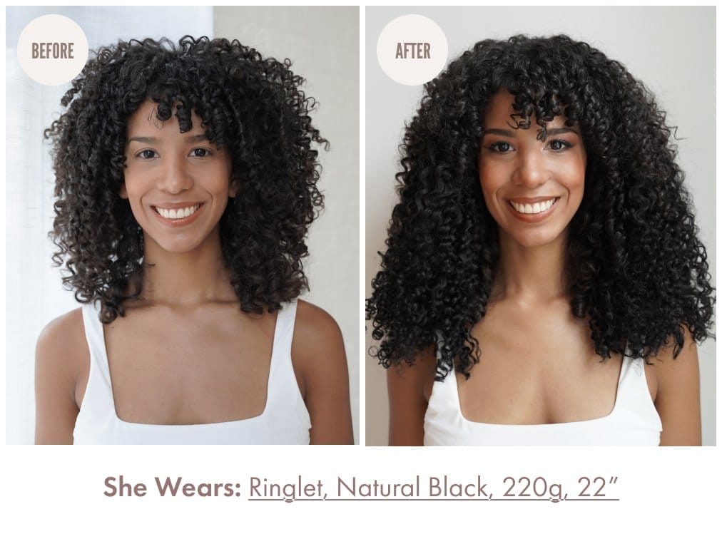 This model wears Ringlet, Natural Black, 220g, 22''