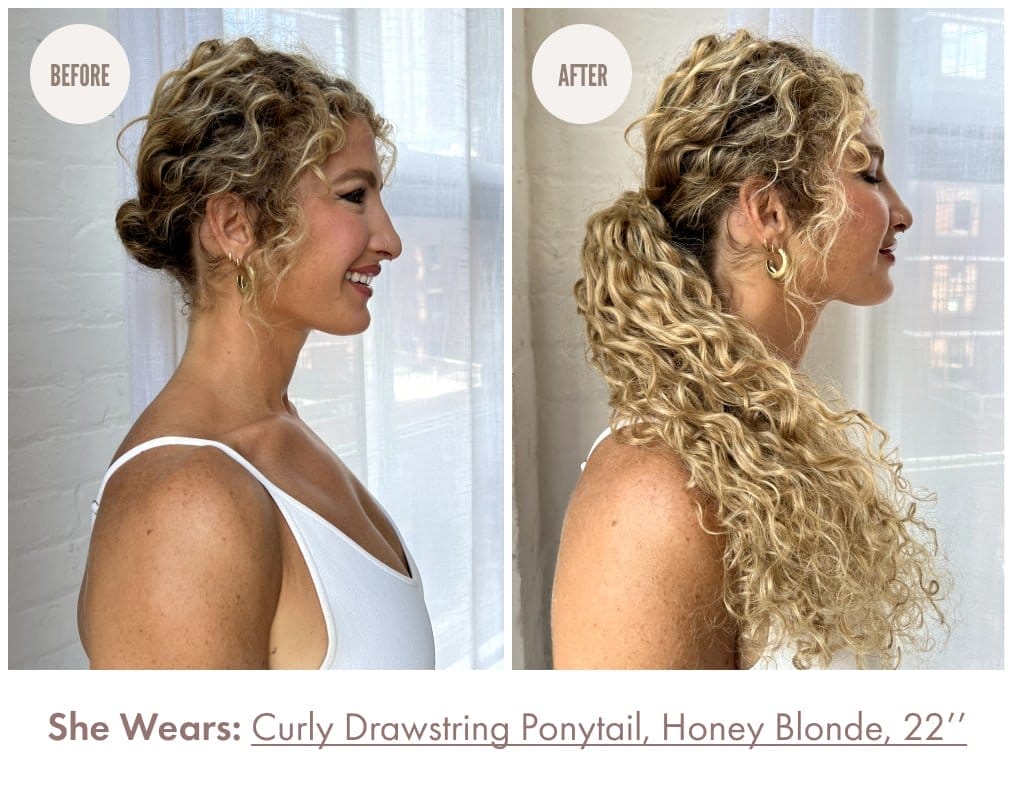 This model wears Curly Drawstring Ponytails, Honey Blonde, 22''