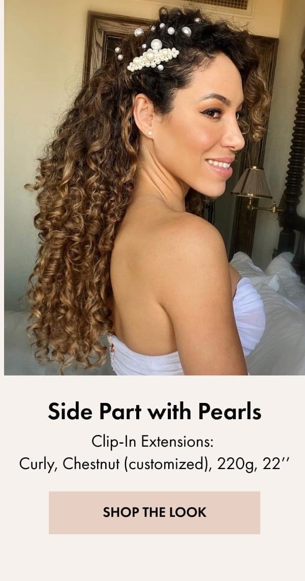 Side Part with Pearls using Clip-In Extensions, Curly, Chestnut (custom), 220g, 22''