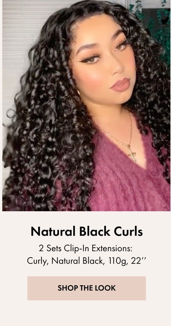 Natural Black Curls using 2 Sets of Clip-In extensions, Curly, Natural Black, 110g, 22'' - SHOP THE LOOK