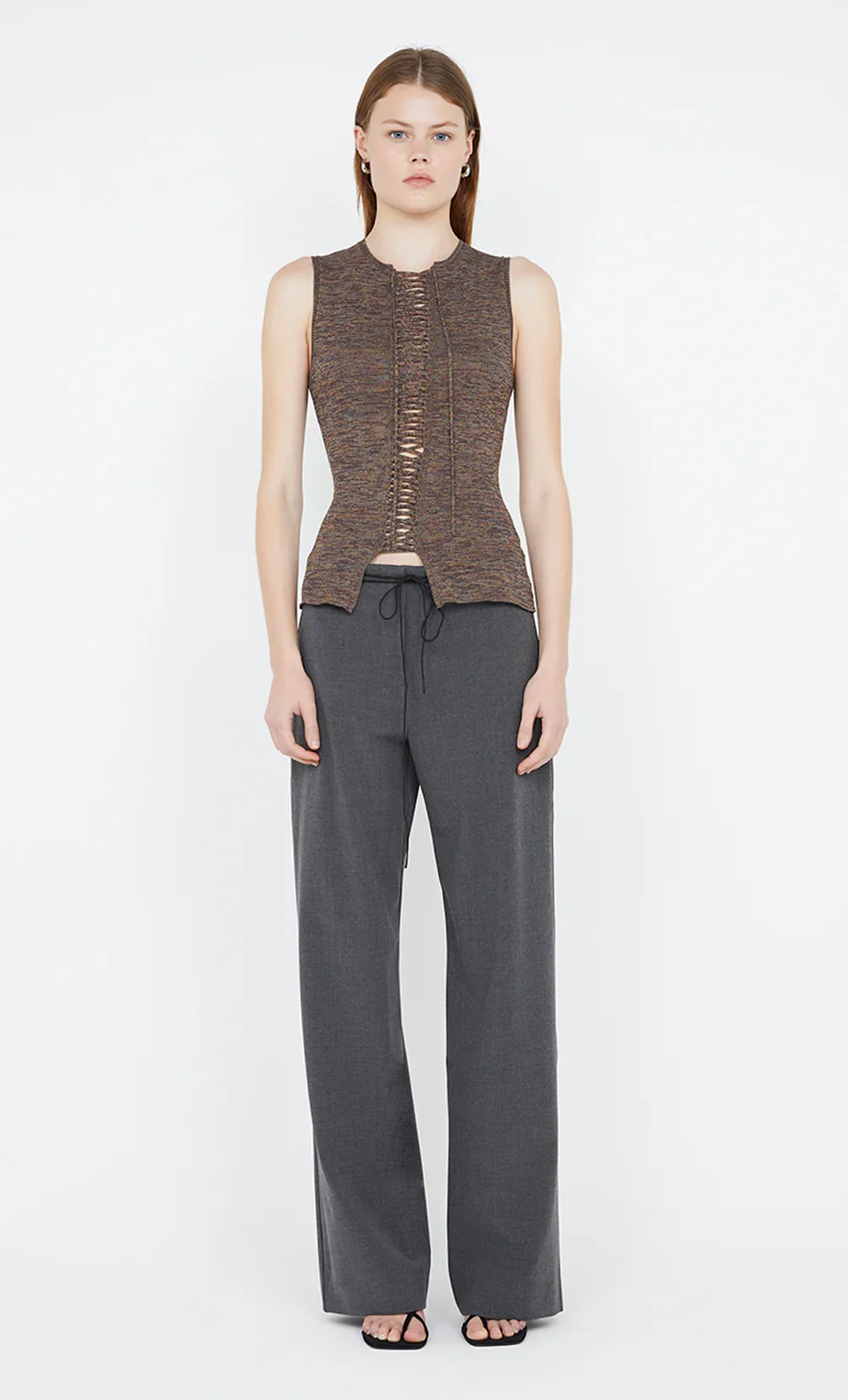 Image of KEKE KNIT LACE UP TOP - CHOC MARLE