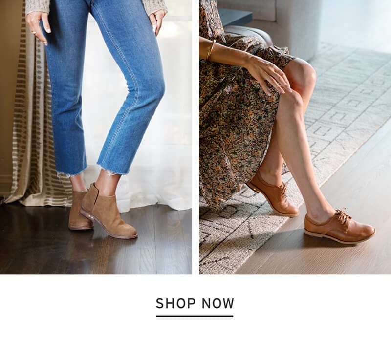 Boots on model in denim; saddle shoes on model in dress