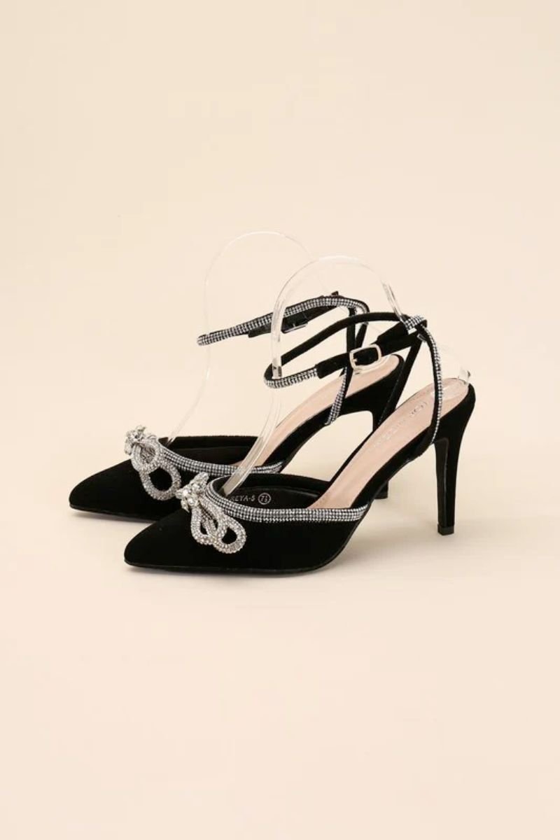 Freya five double bow heel. There is a pair of black heels with metallic bows.