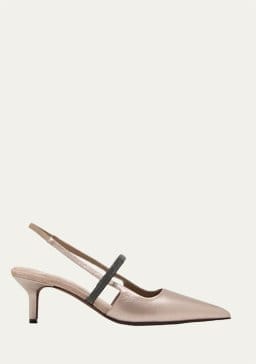 Brunello Cucinelli - Metallic Kitten-Heel Slingback Pumps