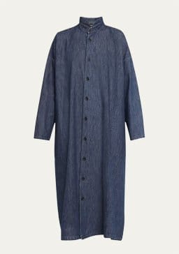 Eskandar - Wide A-Line Denim Shirtdress with Double Stand Collar