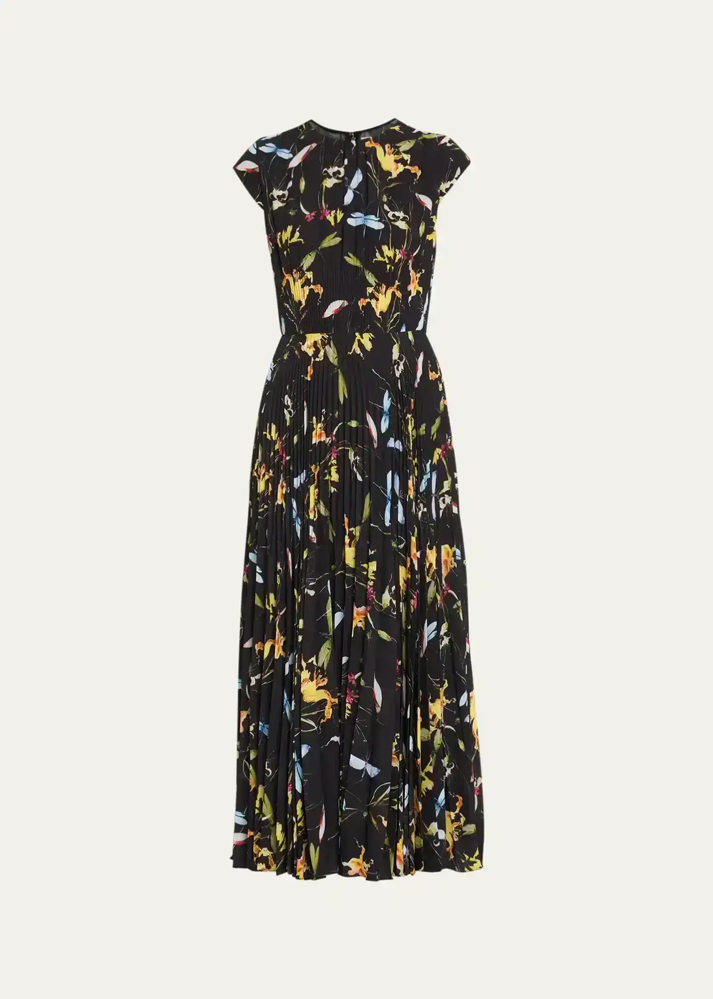 Floral-Print Pleated Crepe Midi Day Dress