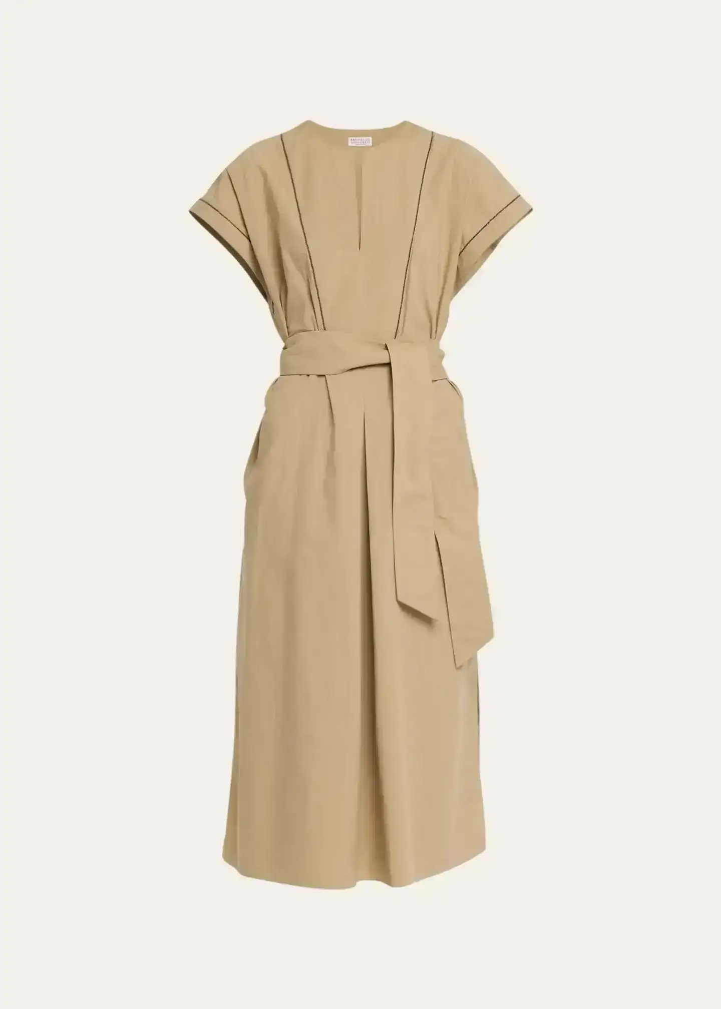 Cotton Poplin Belted Midi Dress with Monili Trim