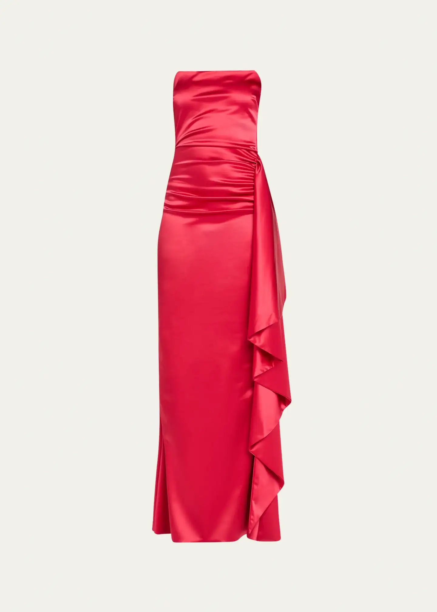 Kazmer Ruched Side-Ruffle Satin Gown