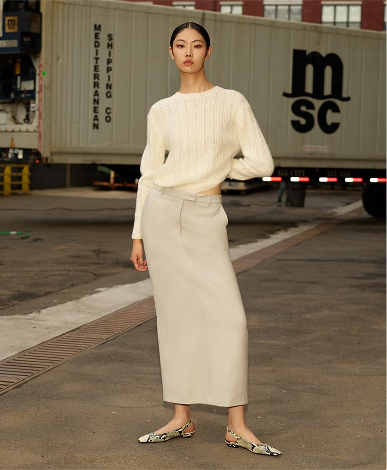 Model wears Officine Générale - Sanny Italian Alpaca Wool Sweater and Oxana Italian Wool Pencil Skirt