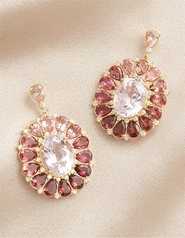 Jamie Wolf - 18K Yellow Gold Floral Ombre Oval Earrings with Kunzite, Pink Tourmaline and Diamonds