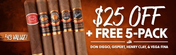 \\$25 Off + Free 5 Cigar Sampler with Select Gispert, Don Diego, Henry Clay, & VegaFina Boxes!