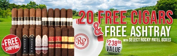 20 Free Cigars, Free Ashtray, + Free Shipping with Select Rocky Patel Boxes!