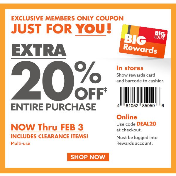 Extra 20% off entire purchase 