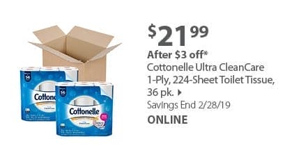 Cottonelle Ultra CleanCare 1-Ply, 224-Sheet Toilet Tissue, 36 pk.