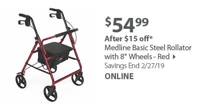 Medline Basic Steel Rollator with 8 Wheels - Red