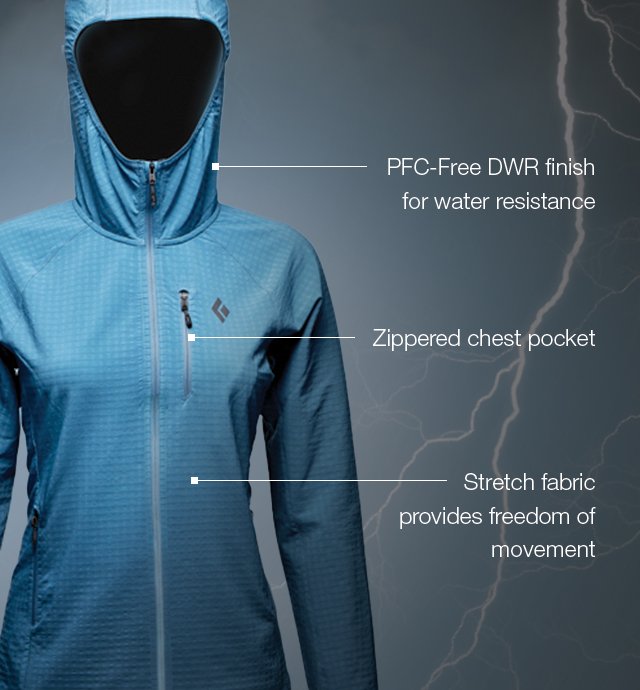 PFC-Free DWR finish for water resistance. Zippered chest pocket. Stretch fabric provides freedom of movement. 