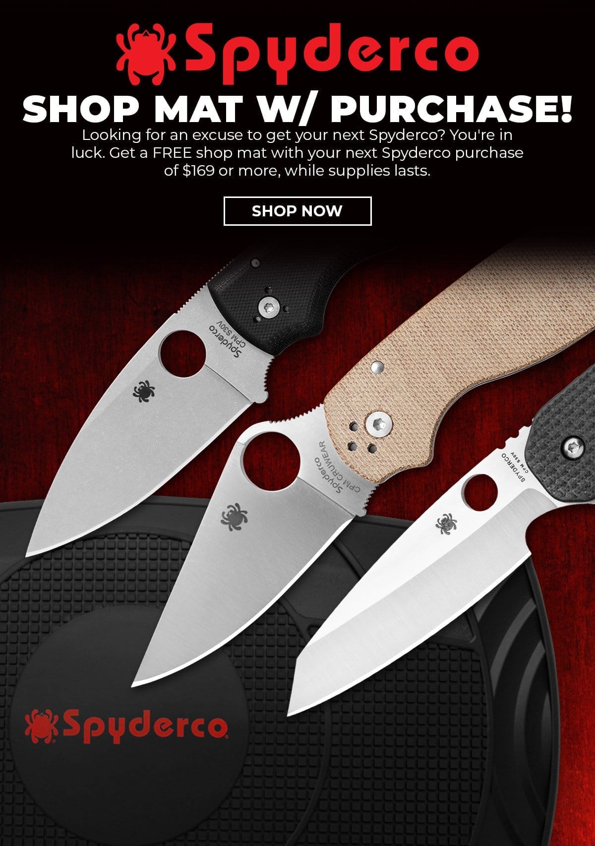 FREE shop mat w/ Spyderco purchases \\$150+