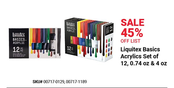 Liquitex Basics Arylics Set of 12, 0.74 & 4 oz Sale 45% Off List