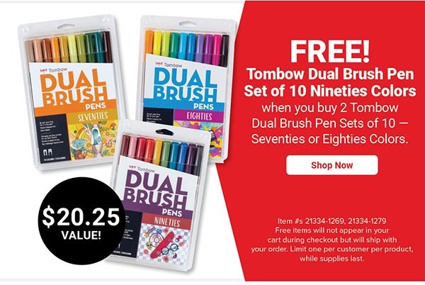 FREE! Tombow Dual Brush Decade Set of 10 Nineties Colors when you buy 2 Tombow Dual Brush Pen Sets of 10 - Seventies or Eighties Colors