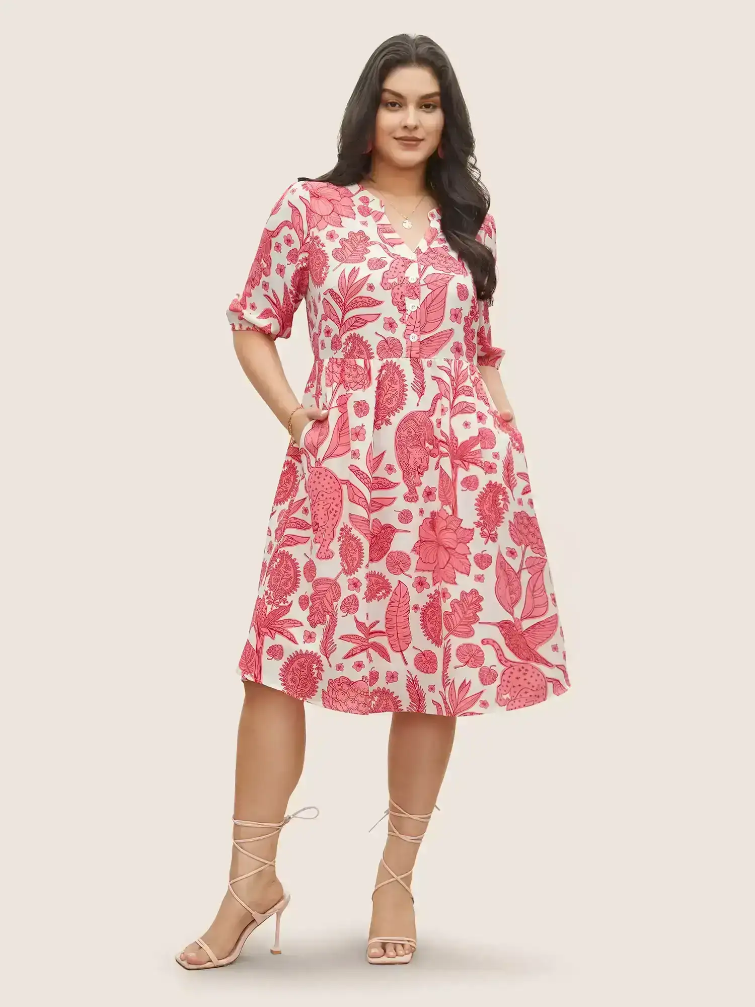 Image of Plants & Animal Print Notched Lantern Sleeve Dress