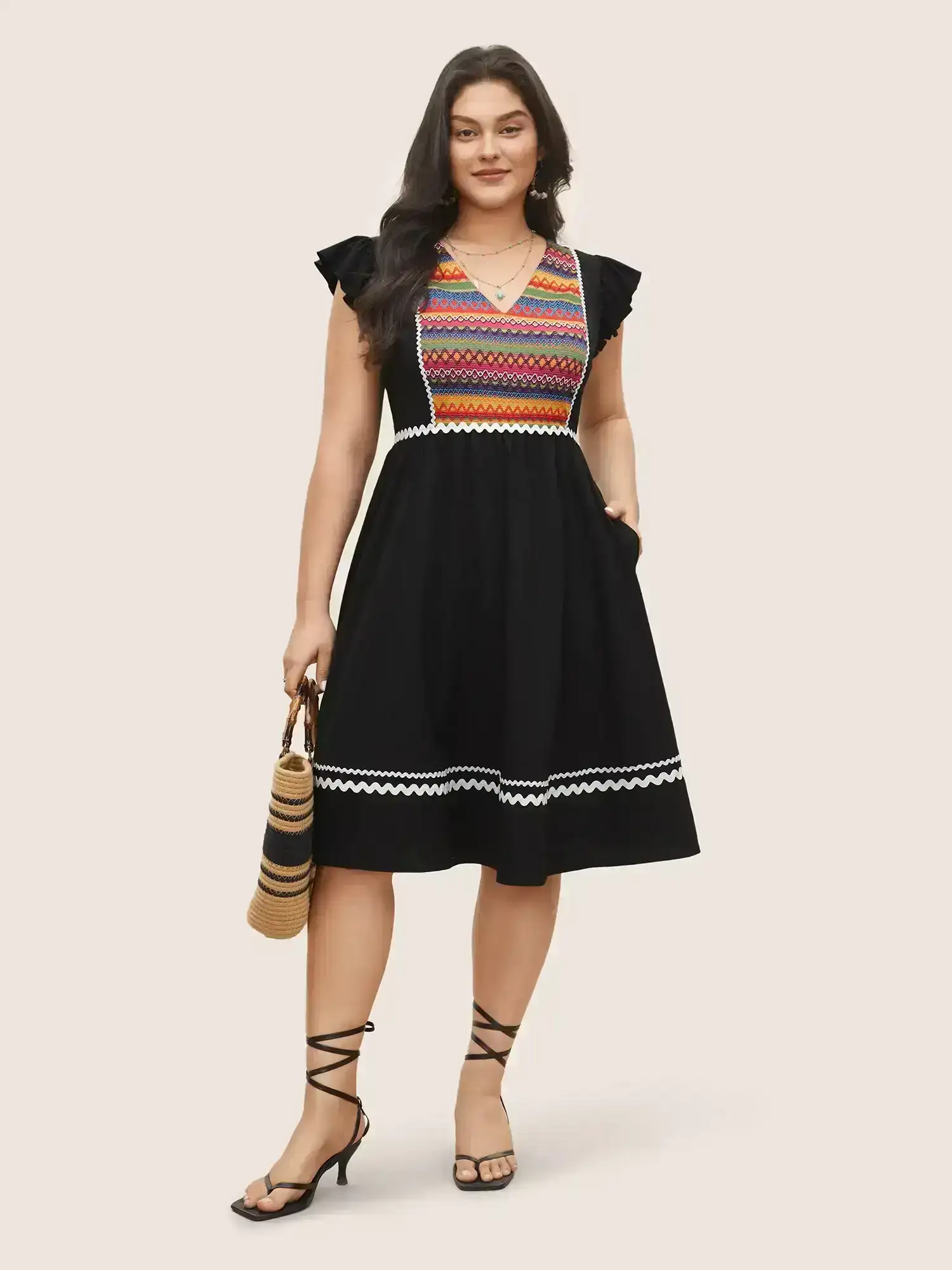 Image of Color Embroidered Patchwork Flounce Sleeve Dress