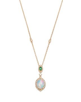 Ethiopian Opal Emerald & Diamond Pendant Necklace in 14K Yellow Gold 18