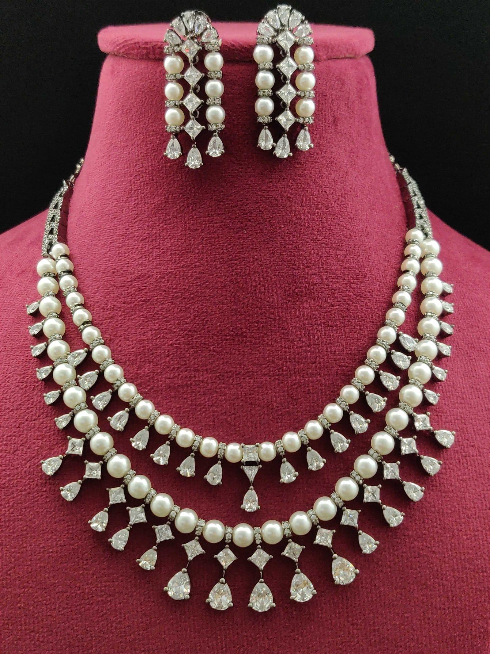 Image of 2 Layered Pearl American Diamond Necklace Set