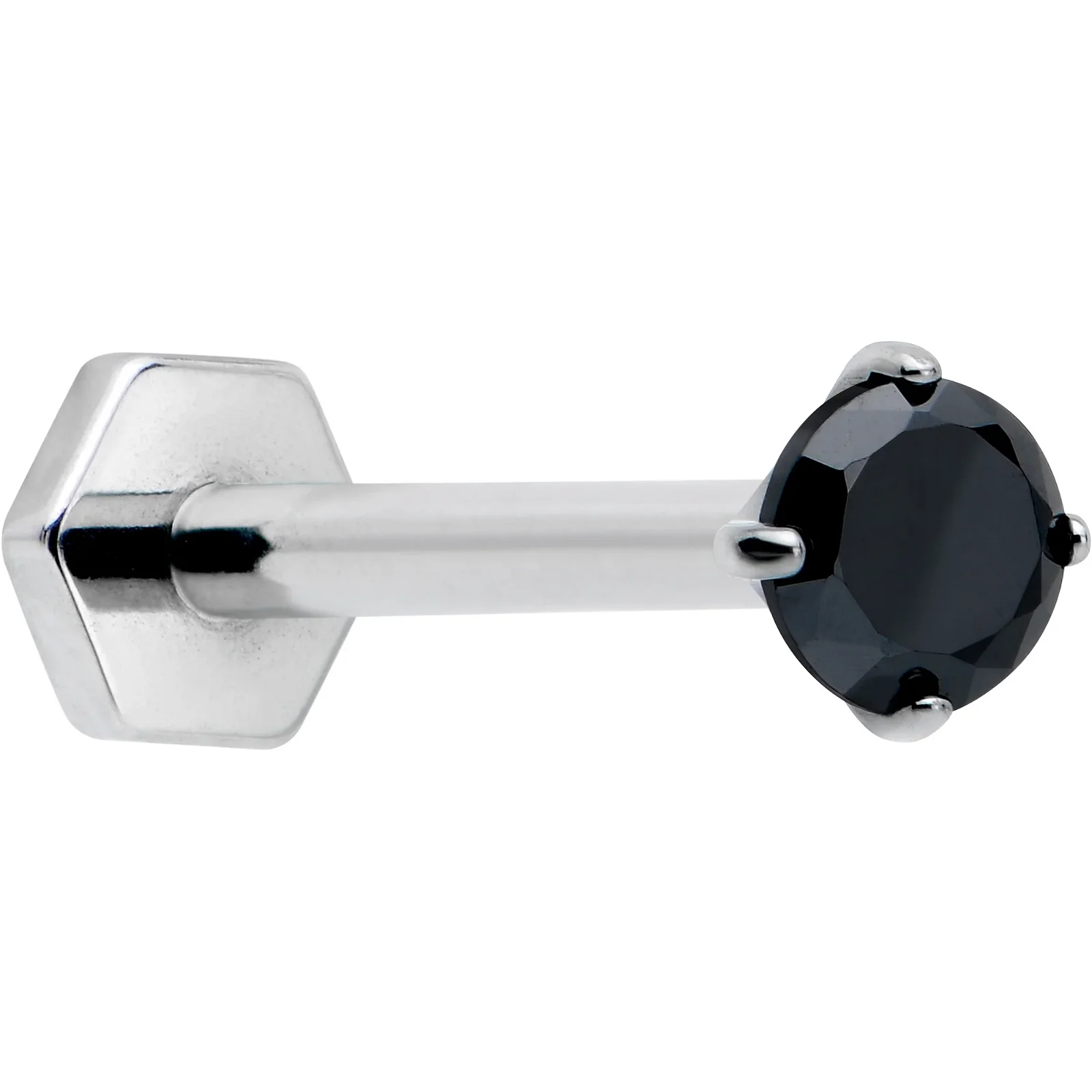 Image of 16 Gauge 5/16 Black CZ Gem ASTM F-136 Titanium Hex End Labret Tragus