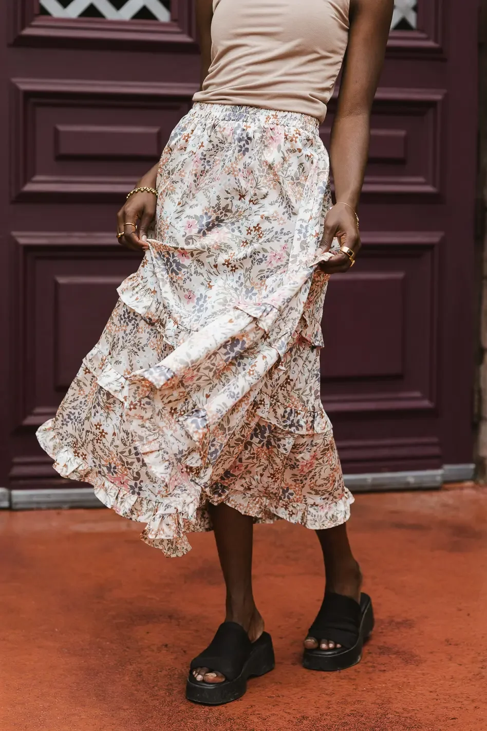 Image of Dimitria Floral Midi Skirt in Sand