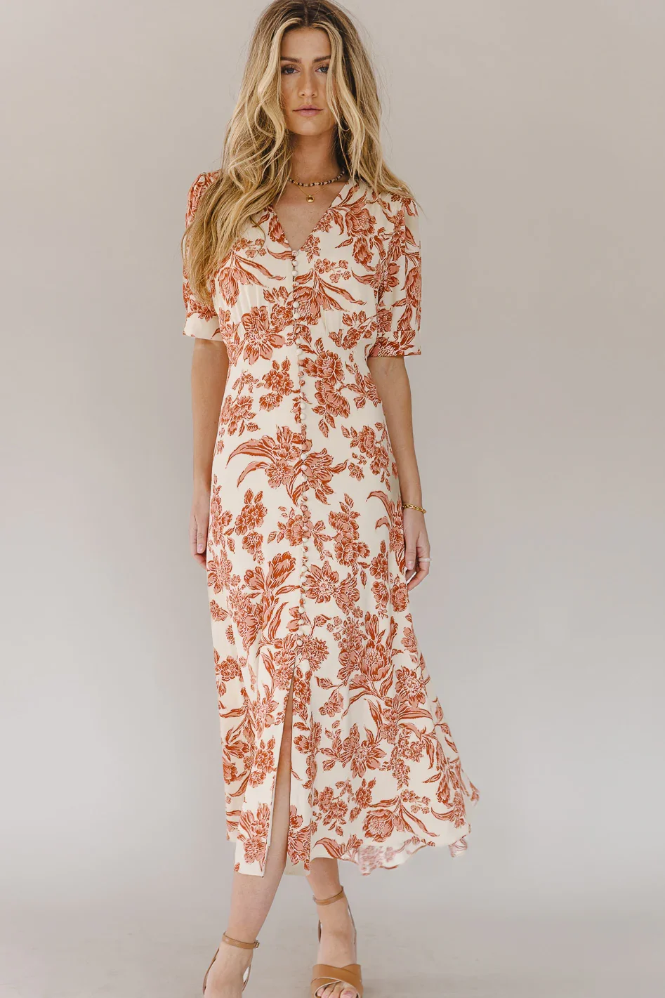 Image of Lia Floral Midi Dress in Rust