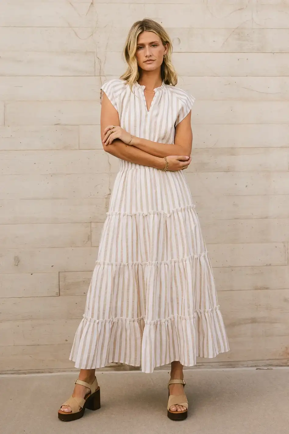 Image of Claire Striped Maxi Dress in Taupe