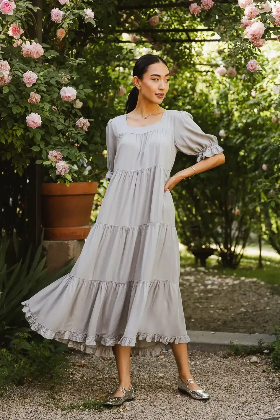 Image of Danae Tiered Midi Dress in Slate Blue