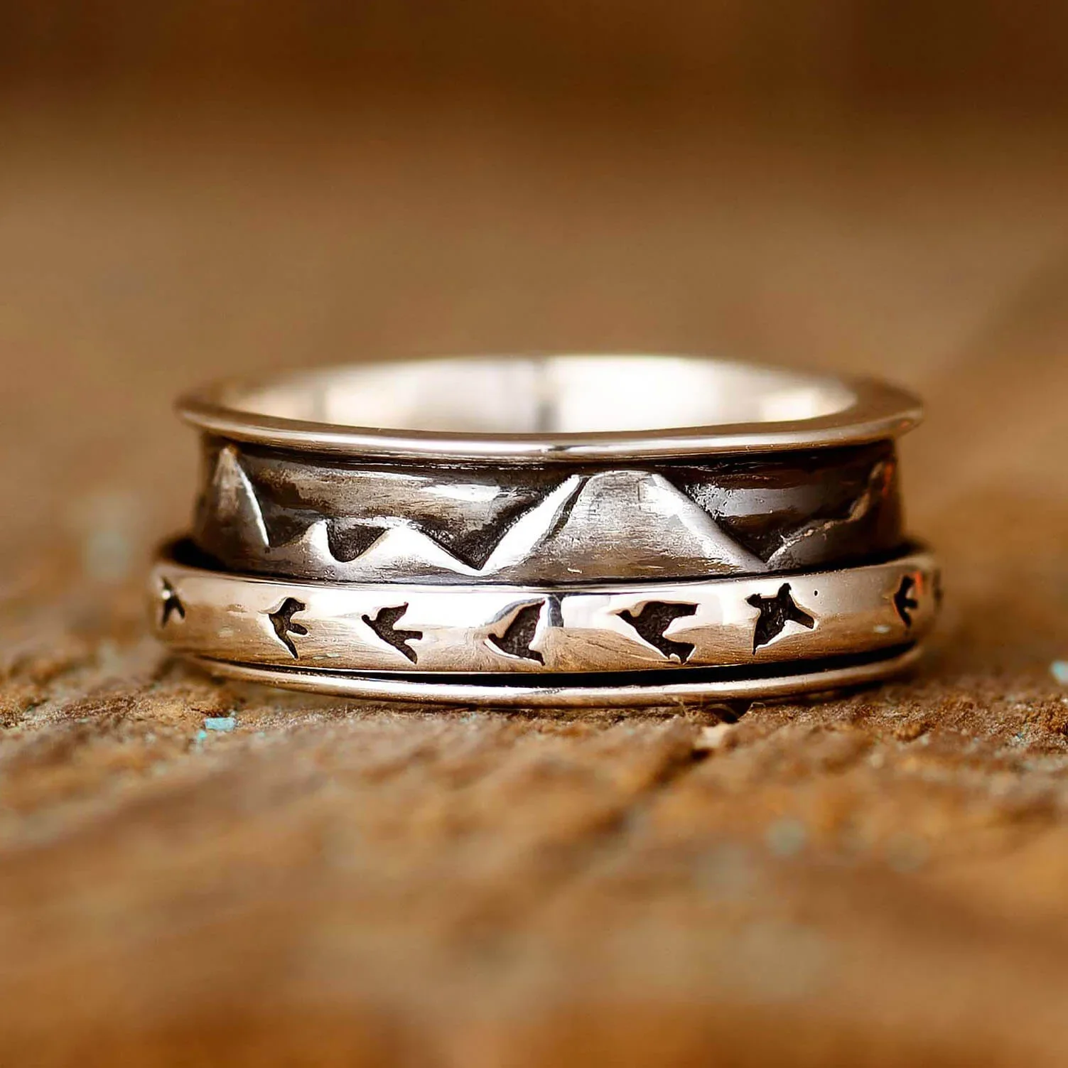 Image of Mountains and Birds Fidget Ring Sterling Silver