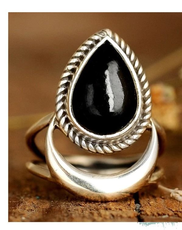 Black Tourmaline Moon Ring Sterling Silver