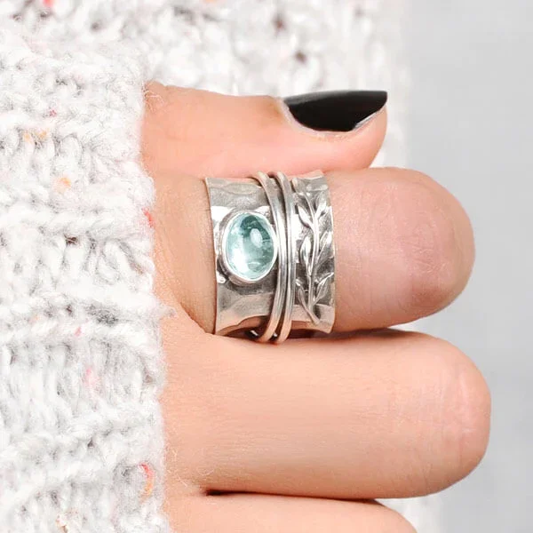 Image of Aquamarine Leaf Spinner ring Sterling Silver