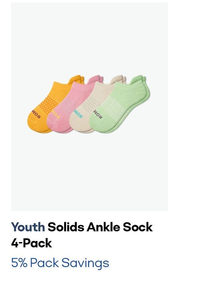 YOUTH SOLIDS ANKLE SOCK 4-PACK | 5% PACK SAVINGS 