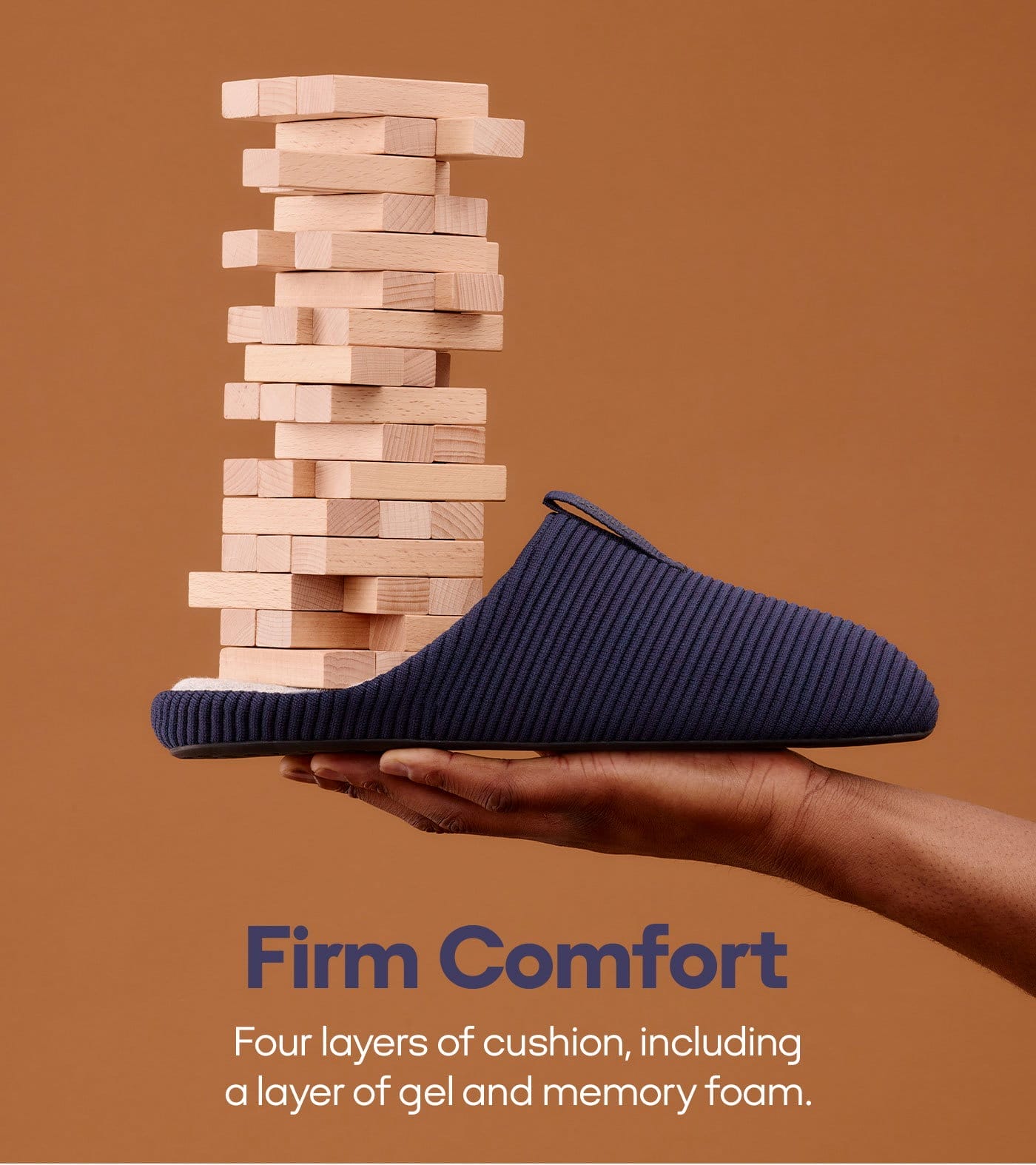 Firm Comfort | Four layers of cushion, including a layer of gel and memory foam.