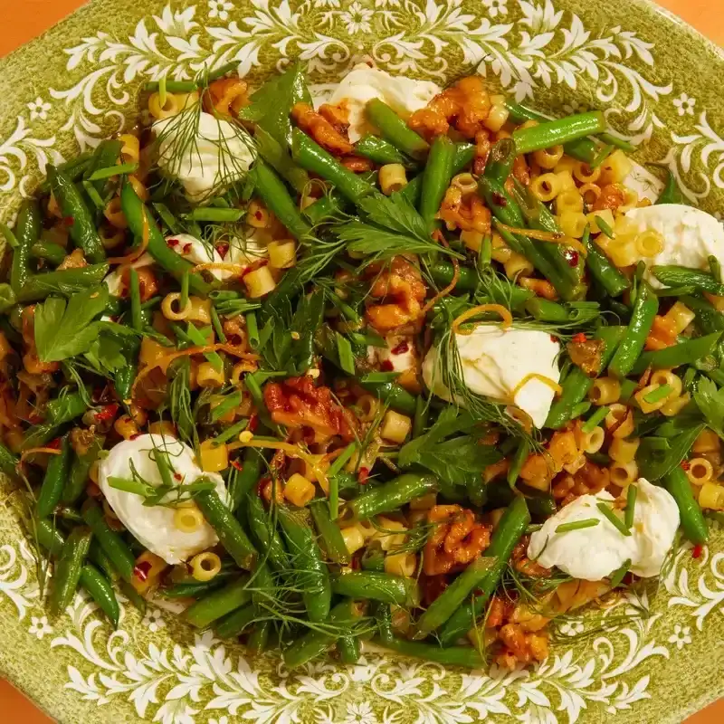 Floral bowl of pasta on table