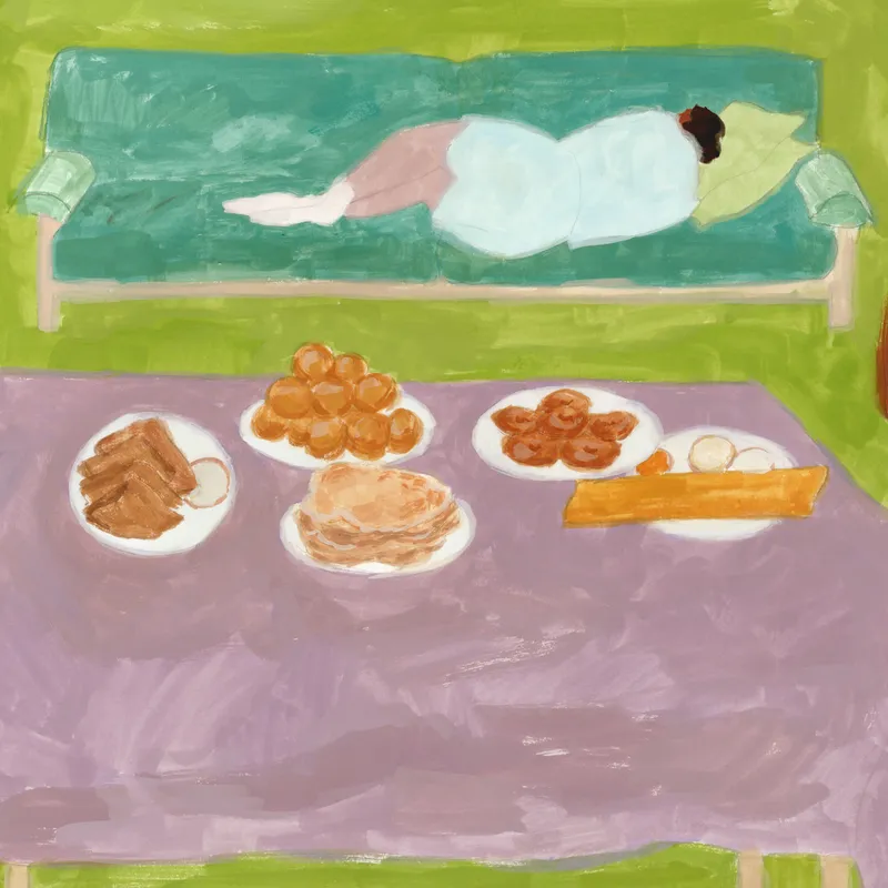 Illustration of a person laying on a coach over a green background. There is a a table with a food spread in front of her. 