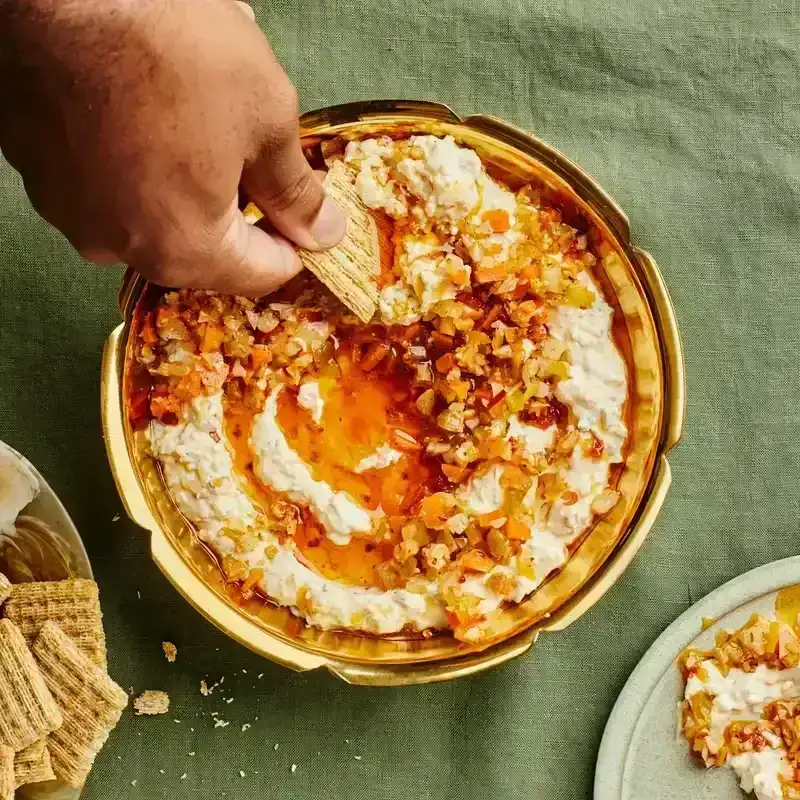 Creamy Giardiniera Dip in a golden bowl