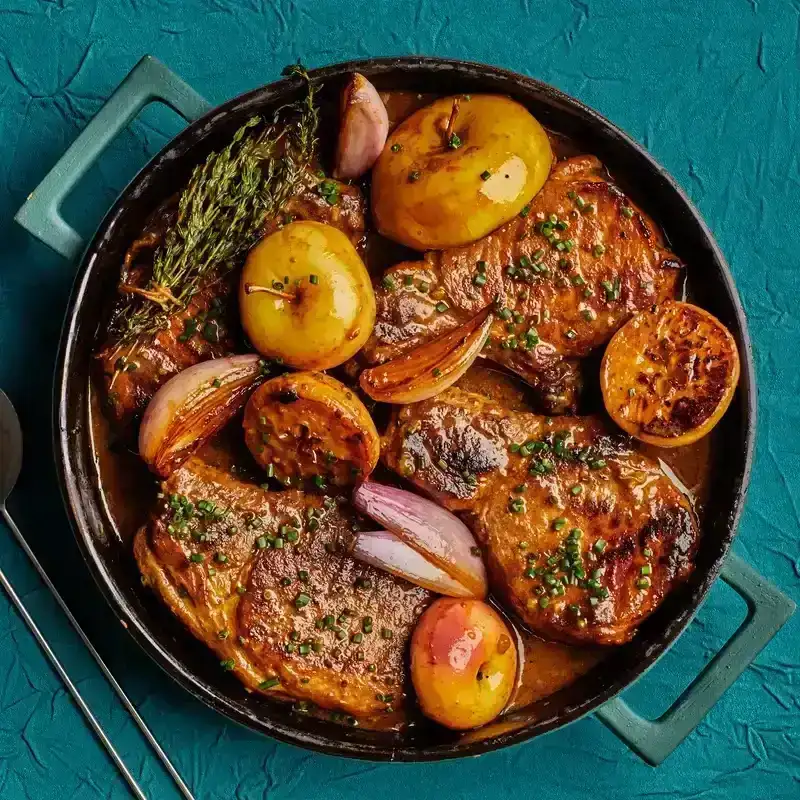 Mustardy Cider-Braised Pork Chops in a turquoise pot 