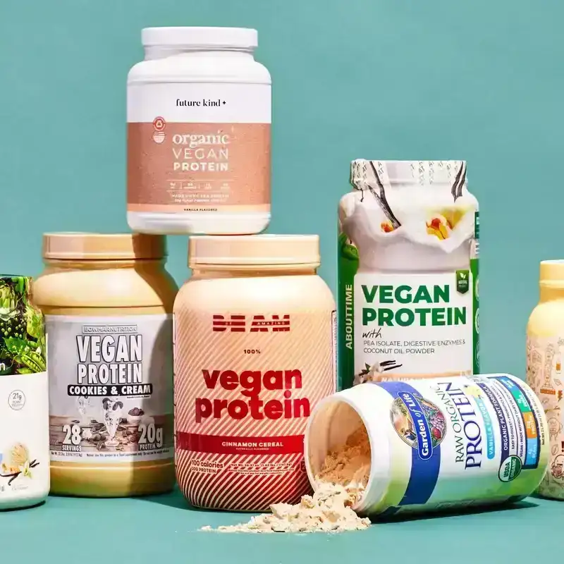 A group shot of the best vegan protein powders on the market, including Beam, Future Kind, and Bowmar