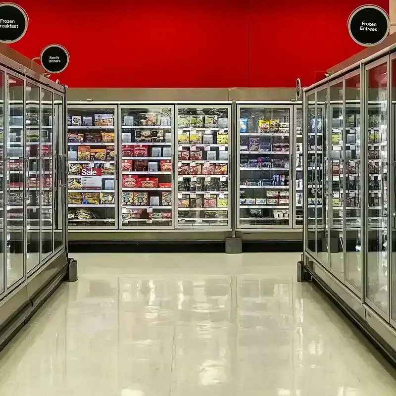 Frozen food section of a supermarket.