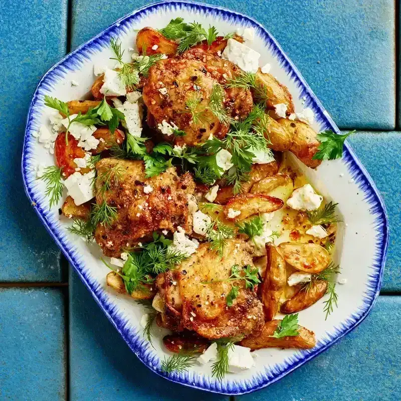 Sheet-Pan Lemon Chicken and Potatoes With a Head of Garlic on a blue plate 