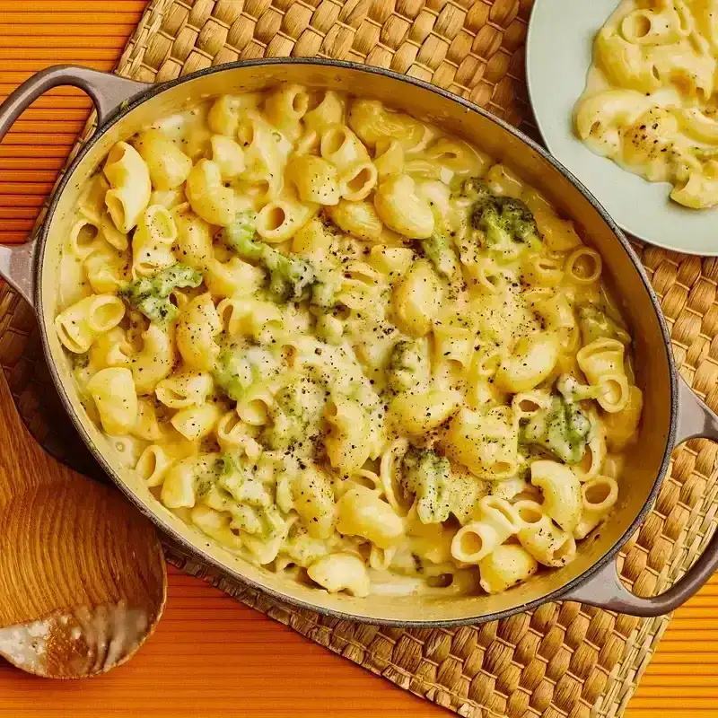 Broccoli Mac and Cheese in a oval dutch oven 