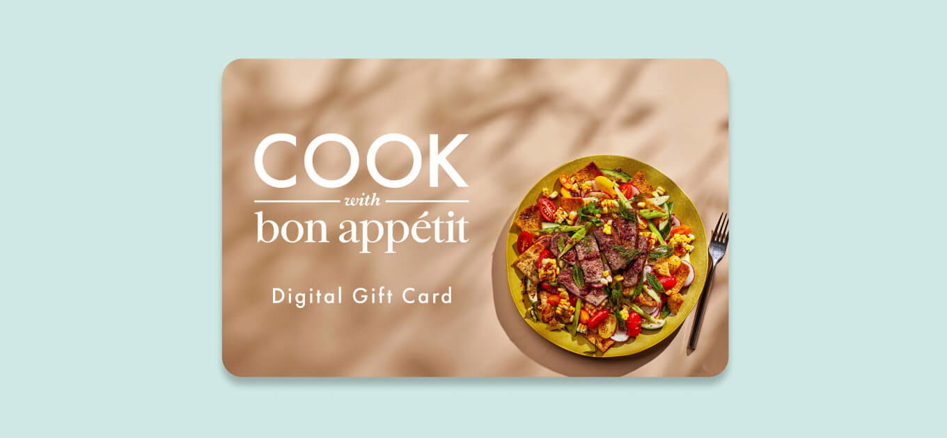 Gift card with the Cook with Bon Appétit logo and a delicious plate of food.