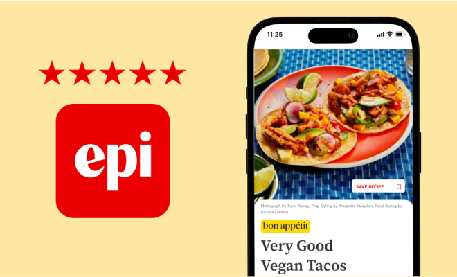 Epicurious app icon on the left and on the right a phone displaying Epi app content.